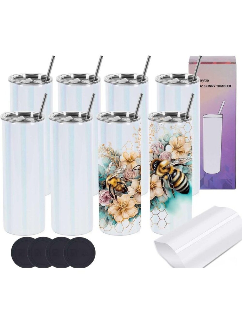 Glitter 20 Oz Skinny Tumblers - 8 Pack Stainless Steel Blanks, Shimmer Finish